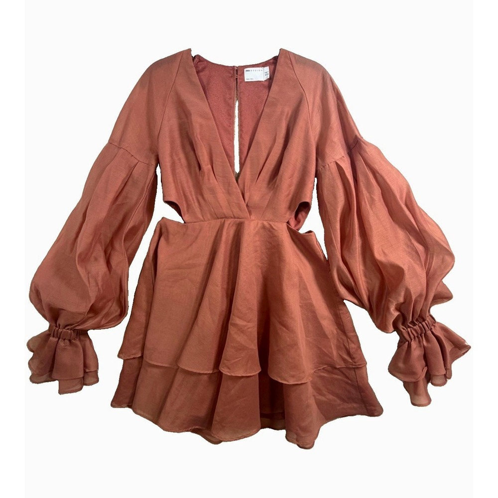 ASOS DESIGN Women's US 6 Rust Satin Mini Dress Balloon Sleeve Cutout Ruffle